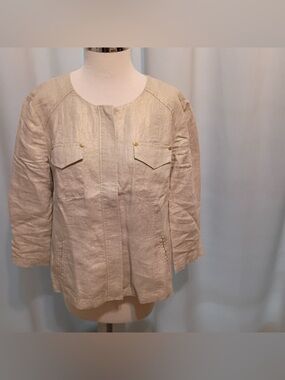 Chico's Neutral Linen Utility Jacket with Gold-Tone Snaps